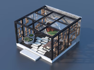 Cozy Garden Nook With Glass Structure Wooden Frame Green Plants And Tiled Floor 3d model