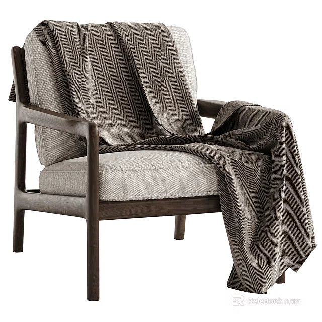 Modern Accent Chair With Wooden Frame Light Gray Cushion And Dark Textured Blanket 3d model 