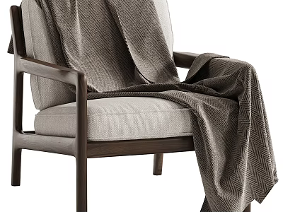 Modern Accent Chair With Wooden Frame Light Gray Cushion And Dark Textured Blanket 3d model