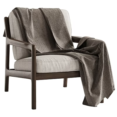 Modern Accent Chair With Wooden Frame Light Gray Cushion And Dark Textured Blanket 3d model