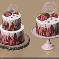 Two Layer Birthday Cake With Strawberries Happy Birthday Topper And Decorative Cream