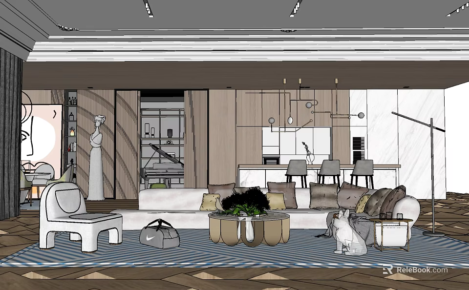 Modern Living Dining Room Interior Design With Sofa Coffee Table Rug Plants And Dining Chairs 3d model 