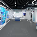 Modern Tech Exhibition Hall With Central Holographic Projection Column And Interactive Displays