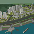 Modern Urban High Rise Buildings With Green Roofs Waterfront Reflection And Blue Sky