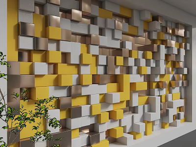 Geometric 3D Wall Design With Yellow Gray White Gold Squares And Green Plant Beside 3d model