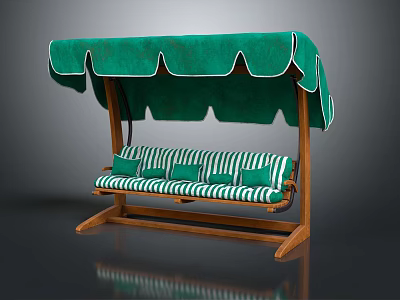 Outdoor Swing Chair With Green Canopy And Striped Cushions On Wooden Frame 3d model