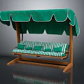 Outdoor Swing Chair With Green Canopy And Striped Cushions On Wooden Frame