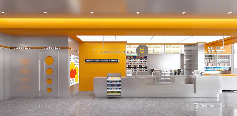 Modern Supermarket Department Store Interior With Yellow Walls White Shelves Cashier Counter And Product Displays 3d model 