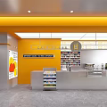 Modern Supermarket Department Store Interior With Yellow Walls White Shelves Cashier Counter And Product Displays