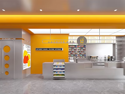 Modern Supermarket Department Store Interior With Yellow Walls White Shelves Cashier Counter And Product Displays 3d model