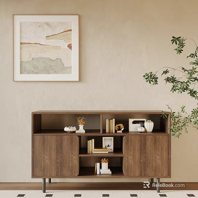 Modern Wooden Entryway Cabinet Sideboard With Decorative Items Books Green Plant And Wall Art 3d model 