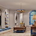 Mediterranean Living Dining Room Arched Blue Windows Striped Sofa And Chandelier Decor