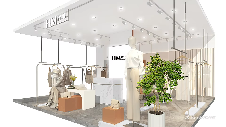 Modern Clothing Store Interior With Mannequin Display Clothes On Racks Marble Counter And Green Plant 3d model 
