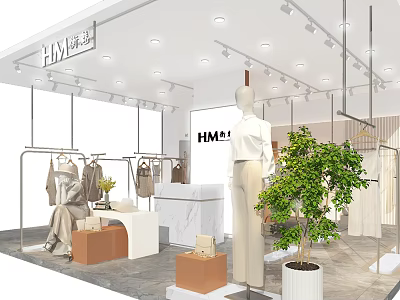 Modern Clothing Store Interior With Mannequin Display Clothes On Racks Marble Counter And Green Plant 3d model