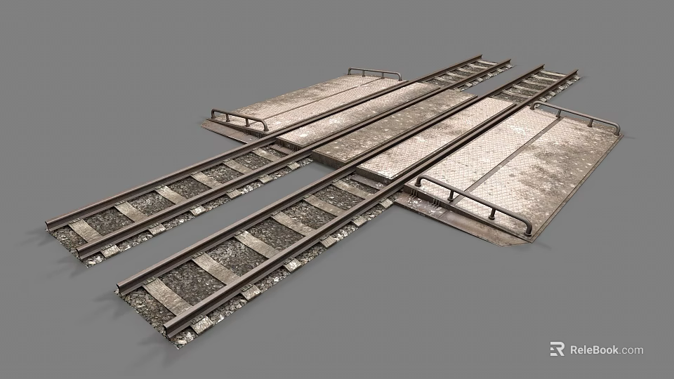 Railroad Tracks Crossing with Steel Rails and Gravel Bed at Railway Junction 3d model 
