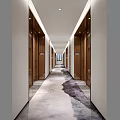 Modern Hotel Corridor With Wooden Doors Carpet Lighting And Window At The End