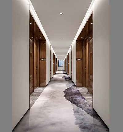 Modern Hotel Corridor With Wooden Doors Carpet Lighting And Window At The End 3d model
