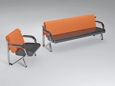 Modern Public Chairs With Orange Seats Black Cushions And Silver Metal Frames 3d model
