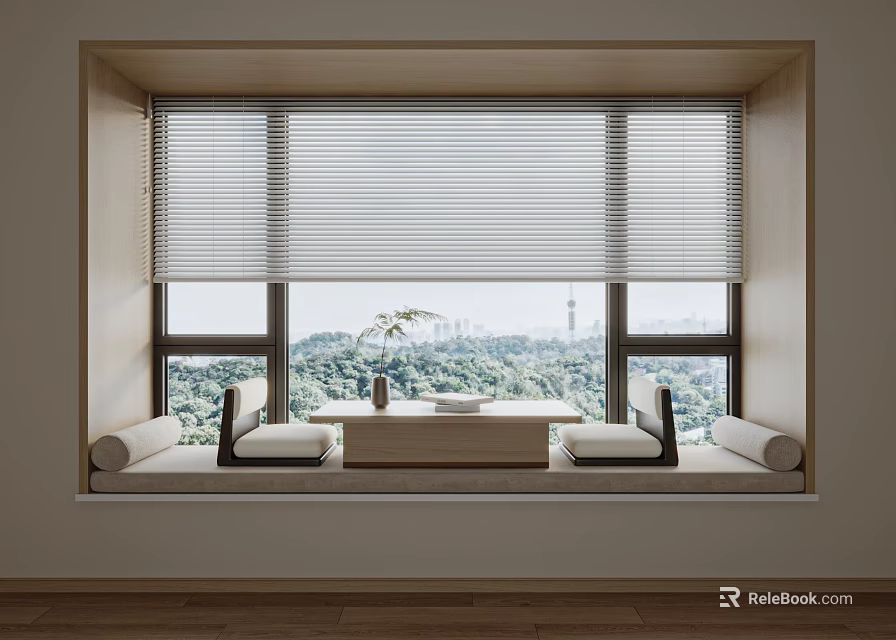 Soft Decorative Pillows On Cozy Window Seat With Small Table And Scenic Outdoor View 3d model 