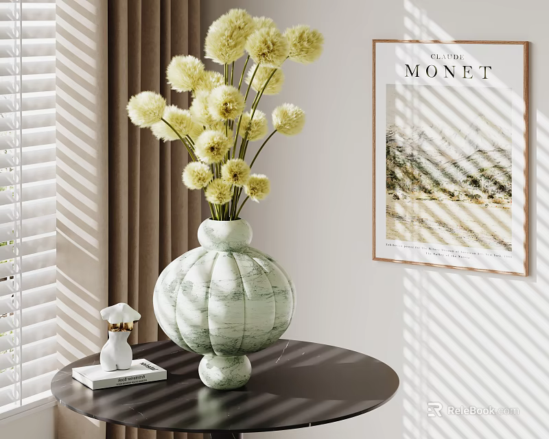 Decorative Ornament Set With Green Marble Vase Yellow Flowers And Monet Poster In Cozy Interior 3d model 