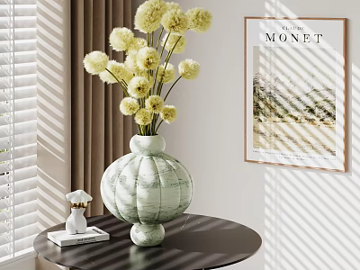 Decorative Ornament Set With Green Marble Vase Yellow Flowers And Monet Poster In Cozy Interior 3d model