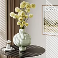 Decorative Ornament Set With Green Marble Vase Yellow Flowers And Monet Poster In Cozy Interior