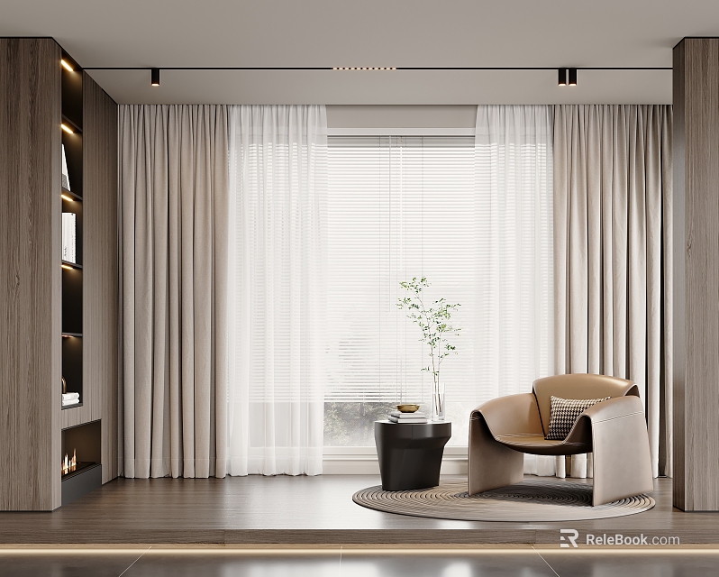 Beige Curtains With White Sheer Panels In Modern Living Room With Armchair And Plant 3d model 