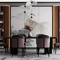 Elegant Modern Chinese Restaurant Interior With Landscape Painting Backdrop Dining Table Chairs And Pendant Lights