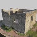 Ancient Stone Ruin Building Model On Black Square Base With Grass And Dirt