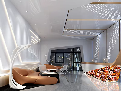 Modern Elegant Reception Area Design With Curved Sofa Lighting And Glass Front Desk 3d model