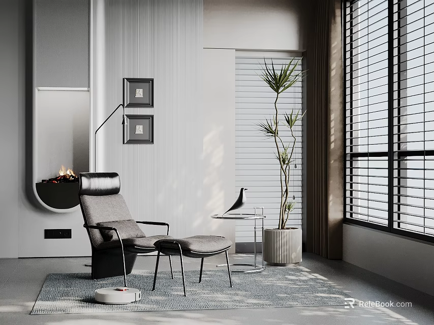 Modern Leisure Chair in Minimalist Room with Floor Lamp Side Table and Potted Plant 3d model 