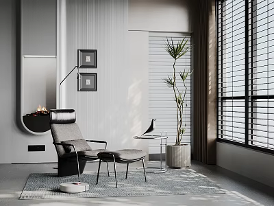 Modern Leisure Chair in Minimalist Room with Floor Lamp Side Table and Potted Plant 3d model