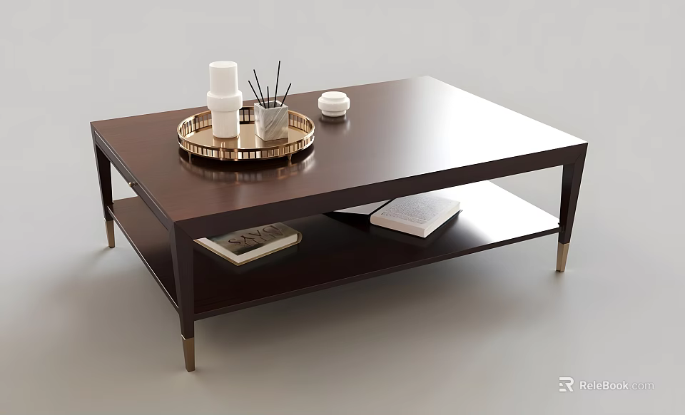 Dark Brown Wooden Coffee Table With Two Tier Shelf Gold Tray And Books 3d model 
