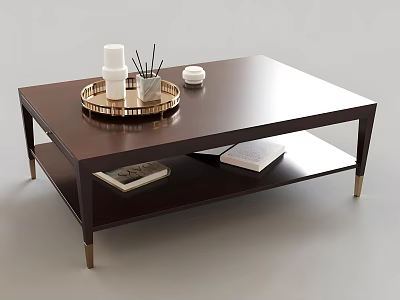 Dark Brown Wooden Coffee Table With Two Tier Shelf Gold Tray And Books 3d model