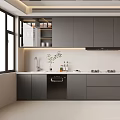 Modern Kitchen Interior With Gray Cabinets White Countertops Appliances And Windows