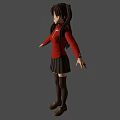 3D Anime Character Girl With Twin Ponytails Red Cross Top Black Pleated Skirt And Gray Background