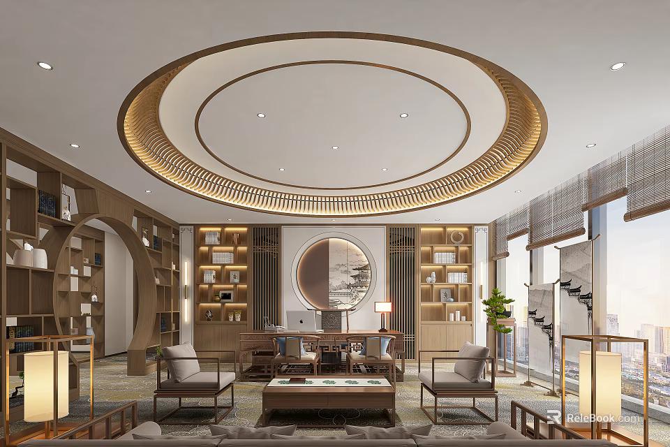 Modern Chinese Style Office Interior With Circular Ceiling Built in Bookshelves Sofas And Coffee Table 3d model 