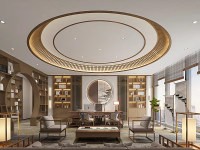 Modern Chinese Style Office Interior With Circular Ceiling Built in Bookshelves Sofas And Coffee Table 3d model