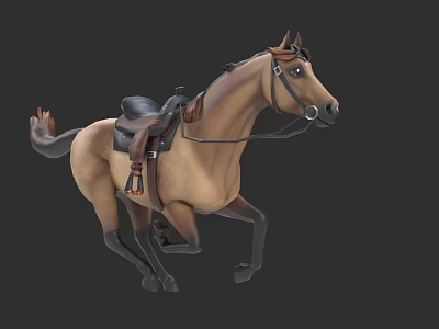 Detailed Brown Horse 3D Model With Saddle Reins Galloping In Action 3d model