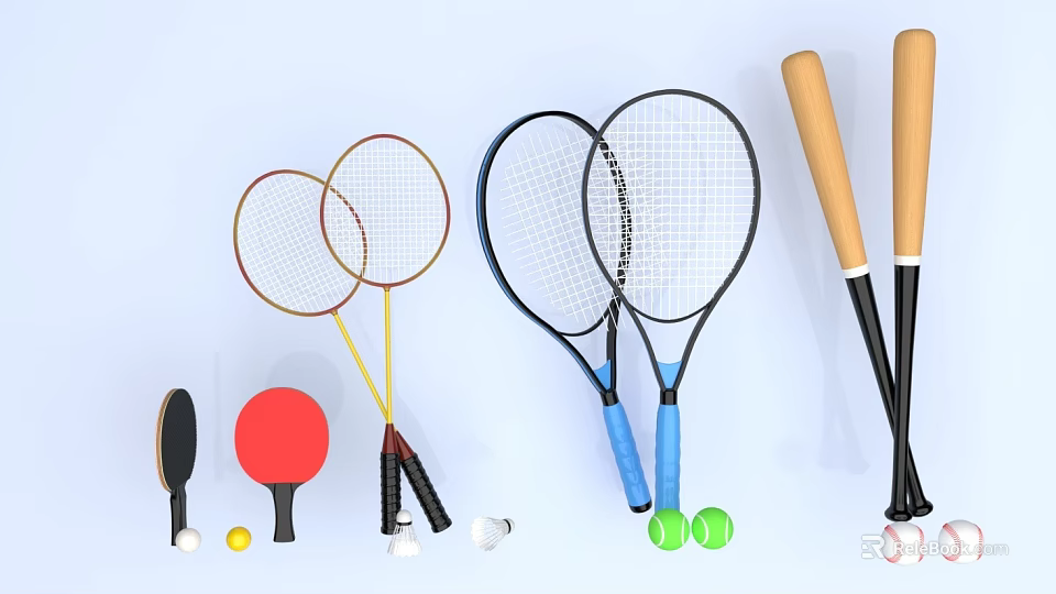 Essential Sports Equipment Including Badminton Tennis Rackets Table Tennis Paddles Baseball Bats and Balls 3d model 
