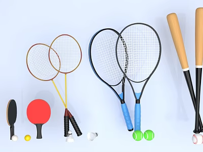 Essential Sports Equipment Including Badminton Tennis Rackets Table Tennis Paddles Baseball Bats and Balls 3d model