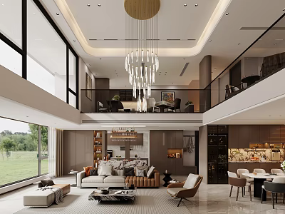 Modern Living And Dining Room Interior With High Ceiling Large Windows Chandelier Sofa And Dining Table 3d model