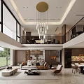 Modern Living And Dining Room Interior With High Ceiling Large Windows Chandelier Sofa And Dining Table