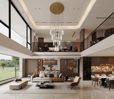 Modern Living And Dining Room Interior With High Ceiling Large Windows Chandelier Sofa And Dining Table 3d model