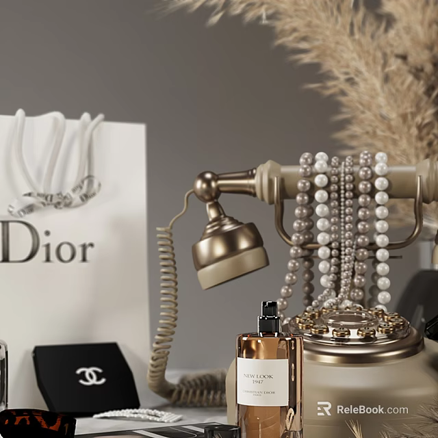 Luxury Accessories Collection Featuring Dior Shopping Bag Chanel Box And Pearl Necklace 3d model 