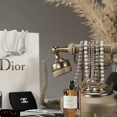 Luxury Accessories Collection Featuring Dior Shopping Bag Chanel Box And Pearl Necklace 3d model