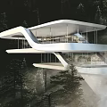 Modern Detached Villa Featuring Floating Design In Misty Mountain With White Exterior And Greenery