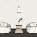 Casual Sofa Set With Two White Curved Sofas Wooden Table Green Plant And Hanging Lamp