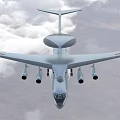 Silver Gray Military Fighter Jet Flying with Four Engines and Dome Radar on Top