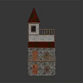 Cartoon Style Castle Tower With Red Patterned Roof Wooden Balcony And Stone Walls